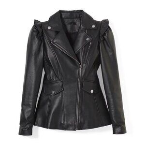 WHBM $500 Genuine Leather Motorcycle Moto Jacket Ruffled Shoulders M